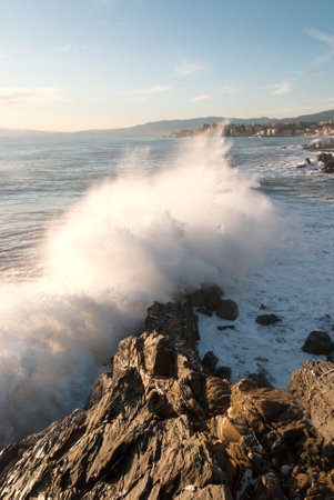 storm surge at sunset in Genoa in Liguria, Italyの写真素材