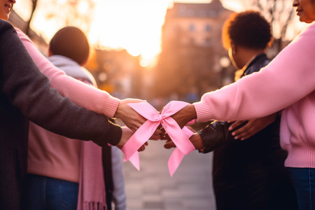 Multiethnic group of friends holding hands with pink ribbon in the cityの素材