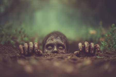 Zombie rising from the grave in spooky forestの素材