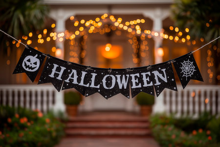 Halloween banner decoration with pumpkin and spider web with blurred house porch in the backgroundの素材
