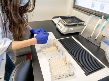 woman in laboratory doing tests for vaccine blood extraction and analyticalの写真素材