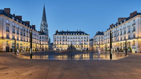 Nantes, France - 19/08/2018 - Night view of the Nantes squareのeditorial素材