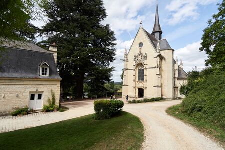 USSE, France 24/08/2018: view of Castle Usse and internal Park with its medieval churchのeditorial素材