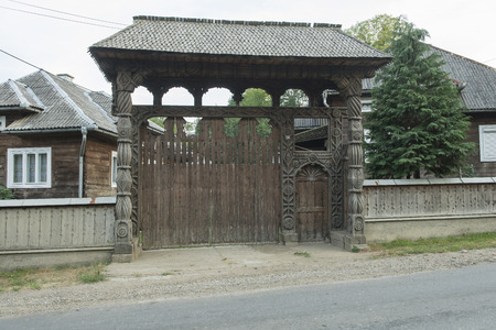Typical wooden portal in the region of Maramures, Romaniaの写真素材
