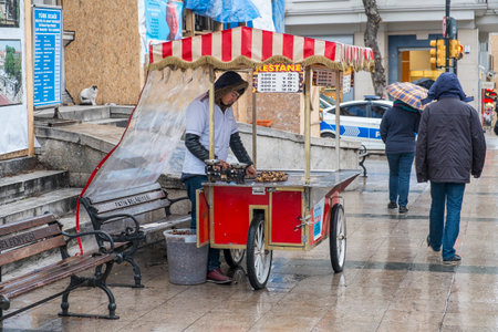 man with the cart prepares roast chestnuts on the streetのeditorial素材