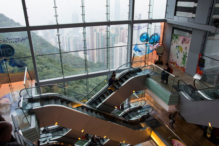 escalators in the station arrival of peak tram in Hong Kong