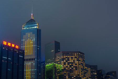 view of Hong Kong skyscrapers by nightのeditorial素材
