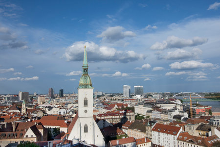 A panoramic view of the city from the castle hill in Bratislavaのeditorial素材
