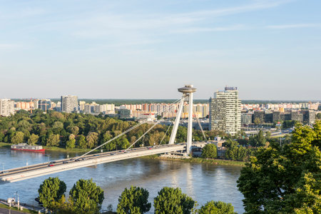 The new bridge with the UFO tower on the Danube river in Bratislavaのeditorial素材