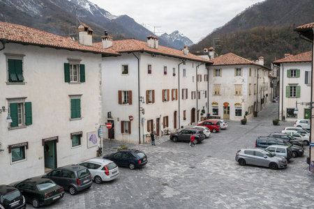 View of the main square of the old town in Venzone, Friuli, Italyのeditorial素材