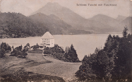 Fuschl castle in Fuschlsee, Austria in an old illustrated postcard in black and whiteのeditorial素材