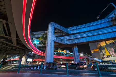 an illuminated viaduct at Siam Square in Bangkok, Thailandのeditorial素材