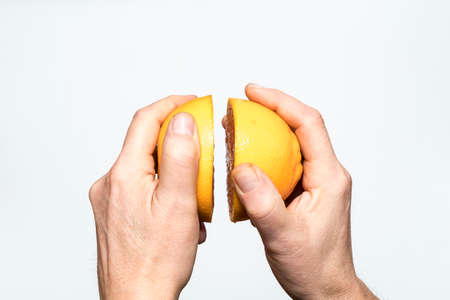 a cut orange in handの写真素材