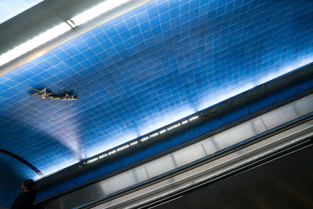 the view of the typical tiles that decorate the interior of the Parque metro station in Lisbon, Portugalのeditorial素材