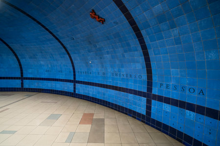 the view of the typical tiles that decorate the interior of the Parque metro station in Lisbon, Portugalのeditorial素材