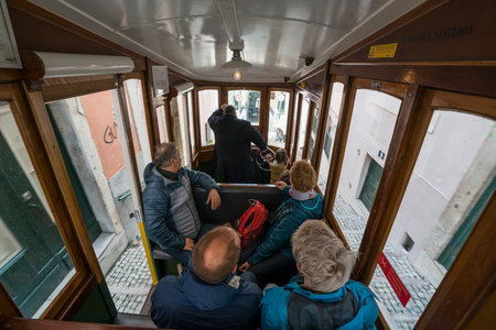view of the descent from inside the Da Bica funicular in Lisbon, Portugalのeditorial素材