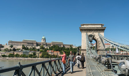 The chains bridge on the Danube river in Budapest, Hungaryのeditorial素材