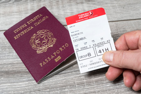 the Italian passport with the Turkish Airlines boarding passのeditorial素材