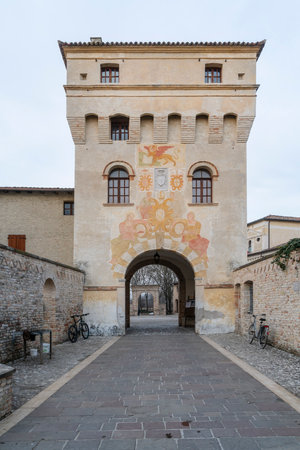 the entrance gate to the courtyard of the medieval abbey of Sesto al Reghena, Friuli Venezia Giulia region, Italyのeditorial素材