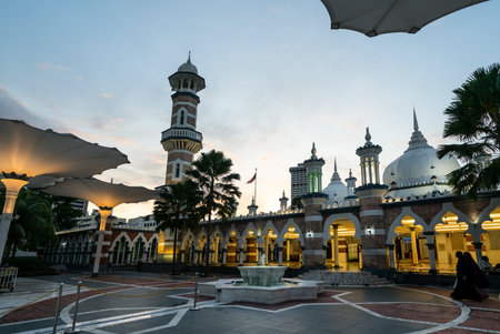 A view of Masjid Jamek mosque at sunset in Kuala Lumpur, Malaysiaのeditorial素材