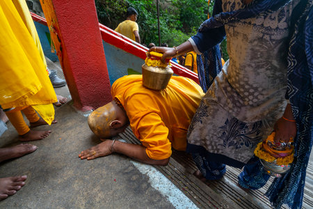 Kuala Lumpur, Malaysia. January 2019.  faithful who climb the long stairway leading to the temples at Batu Cavesのeditorial素材