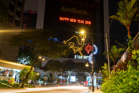 Kuala Lumpur, Malaysia. January 2019.   the bright signs for the Chinese New Year festivity at nightのeditorial素材