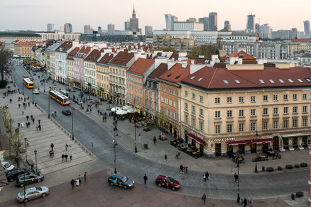 Warsaw, Poland. April 6, 2019. Aerial view of Krakowskie Przedmie?? Cie at sunset.のeditorial素材