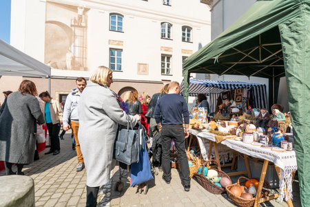 Warsaw, Poland. April, 2018. A view of the Sunday market in front of the St. Hyacinth's Churchのeditorial素材