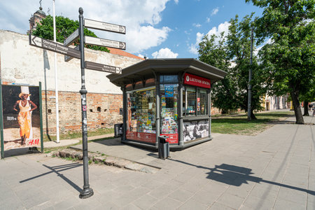 Vilnius, Lithuania. May 2019.  An old newsstand on the roadのeditorial素材