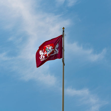 Vilnius, Lithuania. May 2019.   the flag with the coat of arms of the republic of Lithuania waving in the skyのeditorial素材