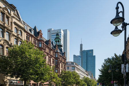 Frankfurt, Germany. July 2019.  the contrast between old and modern buildings in the city centerのeditorial素材