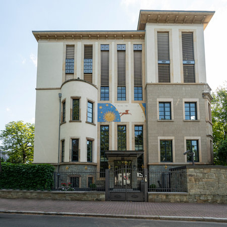 Frankfurt am Main, July 2019.  a historic house with a sundial on its facadeのeditorial素材