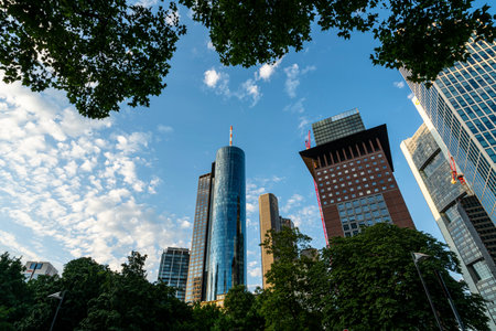 Frankfurt, Germany. July 2019.  modern skyscrapers in the financial district seen from below.