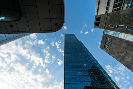 Frankfurt, Germany. July 2019.  modern skyscrapers in the financial district seen from below.のeditorial素材