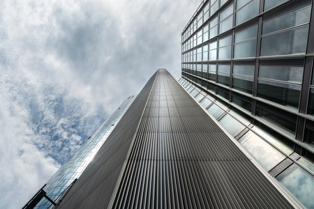 Frankfurt, Germany. July 2019.  modern skyscrapers in the financial district seen from below.のeditorial素材