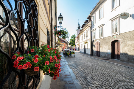 Ljubljana, Slovenia. August 3, 2019.  a typical old street in the historic city centerのeditorial素材