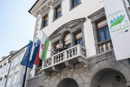 Ljubljana, Slovenia. August 3, 2019.   the facade of the town hall building of the cityのeditorial素材