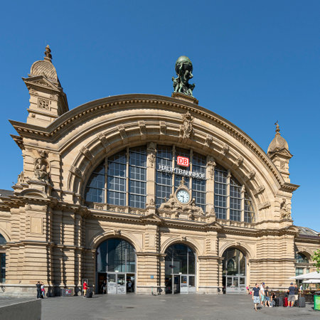 Frankfurt, Germany. July 2019.   the facade of the Frankfurt Hauptbahnhof railway station buildingのeditorial素材
