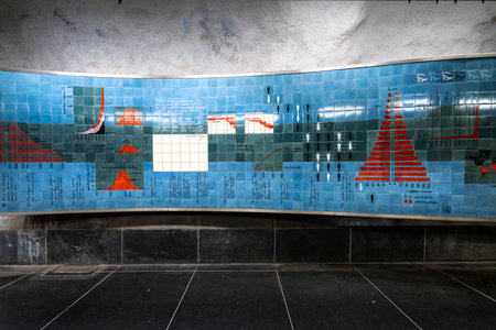 Stockholm, Sweden. September 2019.   A view of the decorations of  Universitetet  Metro Station platformsのeditorial素材