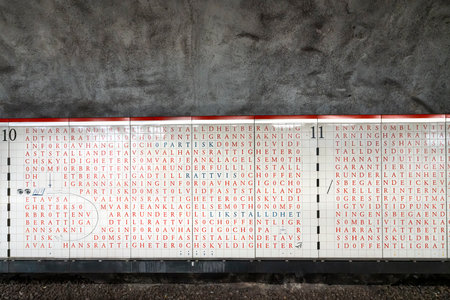 Stockholm, Sweden. September 2019.   A view of the decorations of  Universitetet  Metro Station platformsのeditorial素材