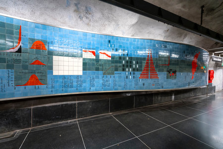 Stockholm, Sweden. September 2019.   A view of the decorations of  Universitetet  Metro Station platformsのeditorial素材