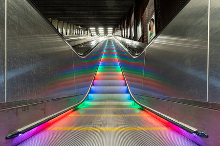 Stockholm, Sweden. September 2019. colorful escalators in the city metroのeditorial素材