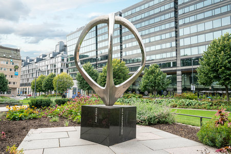 Stockholm, Sweden. September 2019. A monument in memory of Olof Palme in the Norra Bantorget parkのeditorial素材