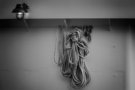 Stockholm, Sweden. September 2019.  Some marine ropes hung on a boatのeditorial素材
