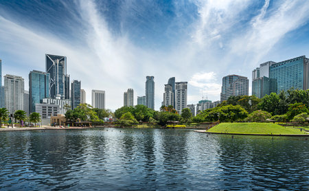 Kuala Lumpur, Malaysia. January 2019.  The skyscrapers skyline from the KLCC park