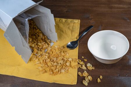 A box with  generic cereal box  on a wooden tableの写真素材