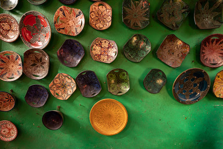 Fez, Morocco. November 9, 2019.  stalls of artisan pottery vendors in the medinaのeditorial素材