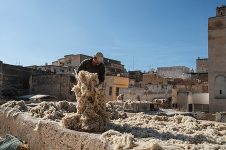 Fez, Morocco. November 9, 2019.  a laboratory for washing and drying and dyeing woolのeditorial素材