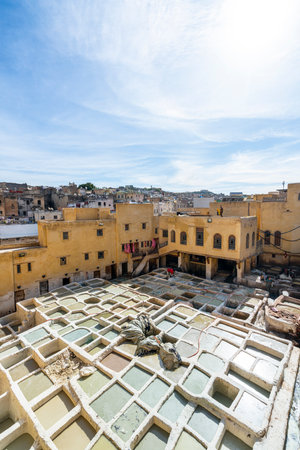 Fez, Morocco. November 9, 2019.  a panoramic view the Chouara Tannery of the leatherのeditorial素材