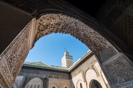 Fez, Morocco. November 9, 2019. Decorated courtyard in the Bou Inania madrasa building complexのeditorial素材